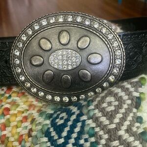Cache Womens Belt Embossed Black Italian Leather Faux Diamond Buckle Size Medium